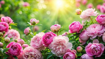 Fototapeta premium Softly glowing pink peonies and roses fill the frame amidst lush green foliage , floral, colorful, floral