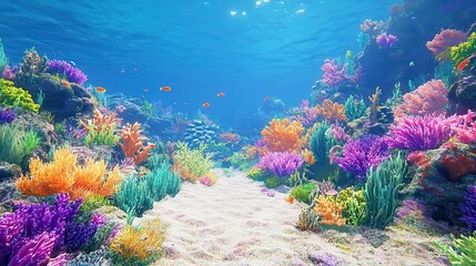 A lively and diverse coral reef with a range of vibrant corals and tiny fish in solitude.