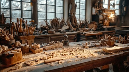 A cozy woodworking shop filled with tools and wood shavings, showcasing craftsmanship.