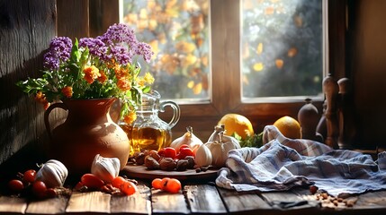 Rustic Autumnal Still Life with Herbs and Vegetables. Concept of Fresh Food, Harvest, and Cozy Kitchen. © atar