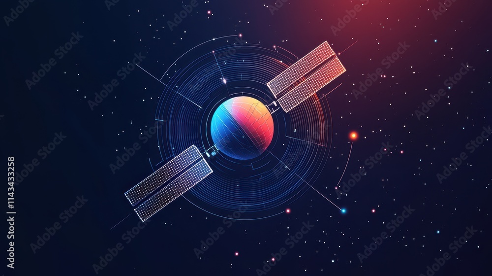 Poster a minimalist logo design showcasing a streamlined abstract satellite silhouette with radiating lines