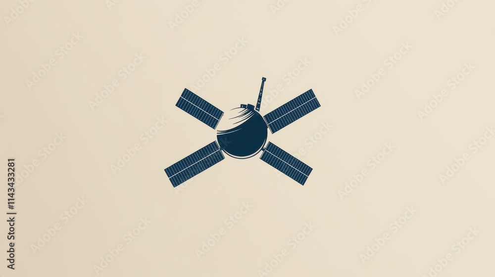 Poster a minimalist logo design showcasing a streamlined abstract satellite silhouette with radiating lines