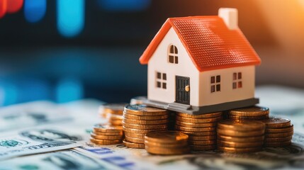 A miniature house sits atop stacks of money, symbolizing wealth and investment in real estate.