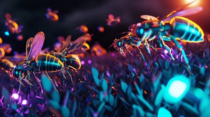 Futuristic bees with neon glow exploring a vibrant, bioluminescent meadow at dusk, radiating a surreal and futuristic atmosphere. AI generated.