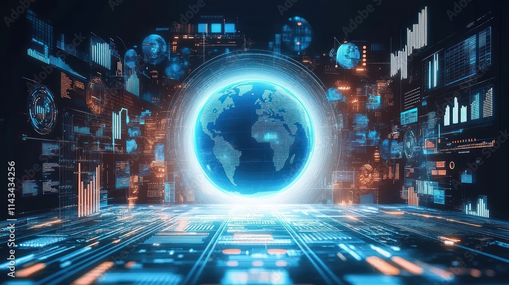 Poster futuristic infographic globe with digital graphs and statistical data on light blue background