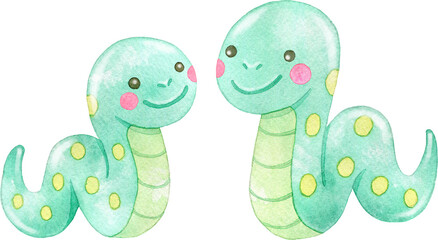 親子のかわいい蛇(ヘビ)の水彩イラスト