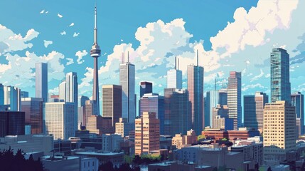 Fototapeta premium A panoramic view of Toronto's Financial District, showcasing towering business skyscrapers and their modern architectural designs. The buildings stand tall against a backdrop of a bright, cloudy sky