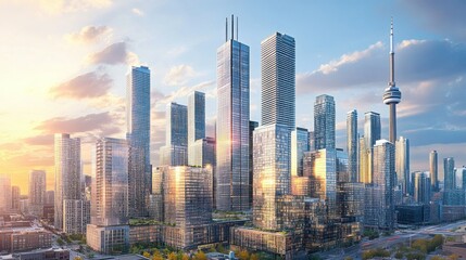 Obraz premium A panoramic view of Toronto's Financial District, showcasing towering business skyscrapers and their modern architectural designs. The buildings stand tall against a backdrop of a bright, cloudy sky