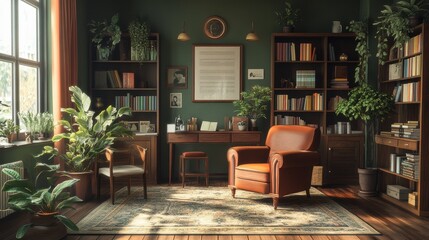 A psychologist's office, warmly lit and furnished with books and plants, evoking a sense of calm and knowledge, ideal for mental health and intellectual settings.