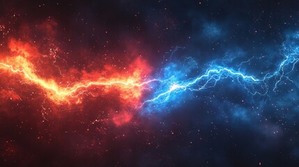 A red and blue lightning bolt collide in the middle of a dark background.
