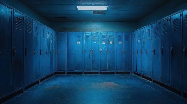A row of blue lockers in a dark, dimly lit room