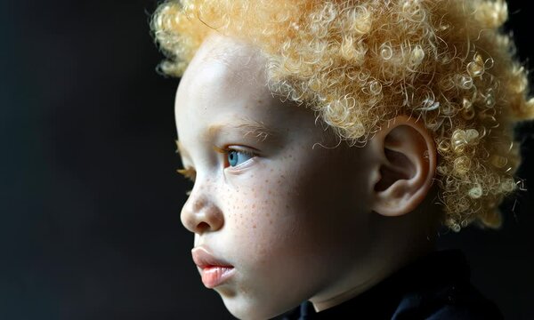 Profile of child with albinism against dark background