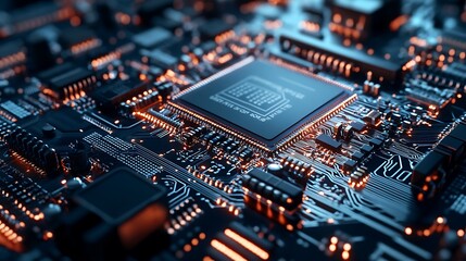 Fototapeta premium High tech circuit board with a central processing unit. Concept of modern technology, data processing, and innovation.