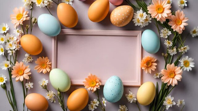 Happy easter day with painted eggs and spring flowers on solid pastel pink background. Holiday greeting card, flat lay