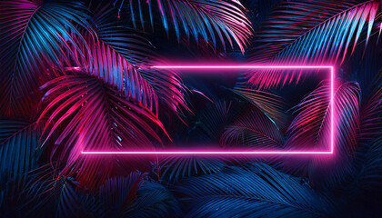 Fototapeta premium Creative fluorescent color layout made of tropical leaves with neon light square. Flat lay. Nature concept