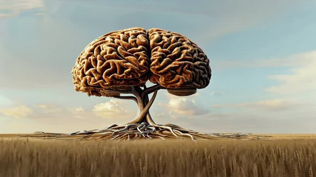Surreal tree with brain shaped canopy and roots in golden field symbolizes connection between nature and intellect, evoking creativity and wonder in vast landscape.