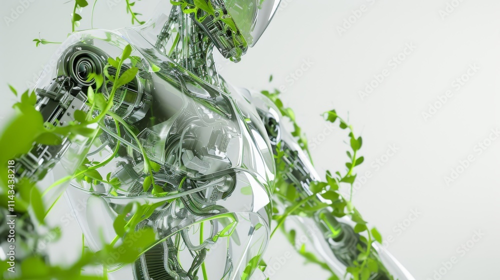 Poster humanoid robot with translucent components and climbing plants, representing harmony between ai and 