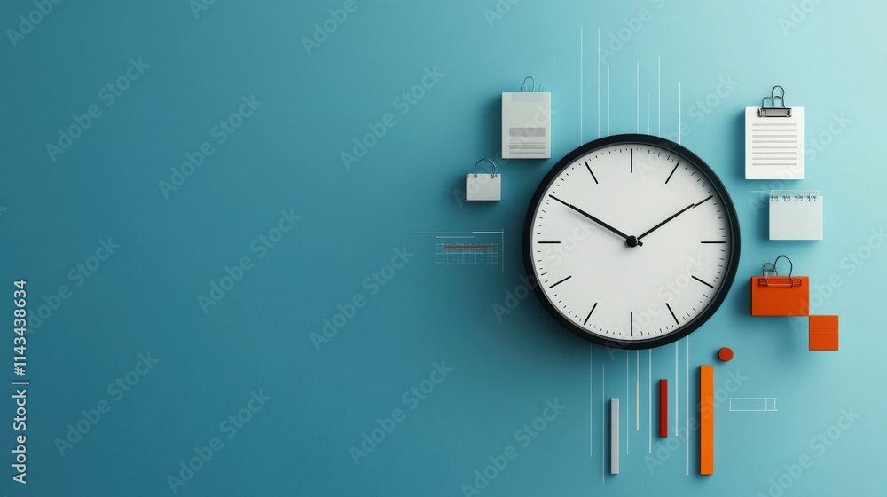 Poster modern clock and stationery items on a blue background, representing time management and productivit