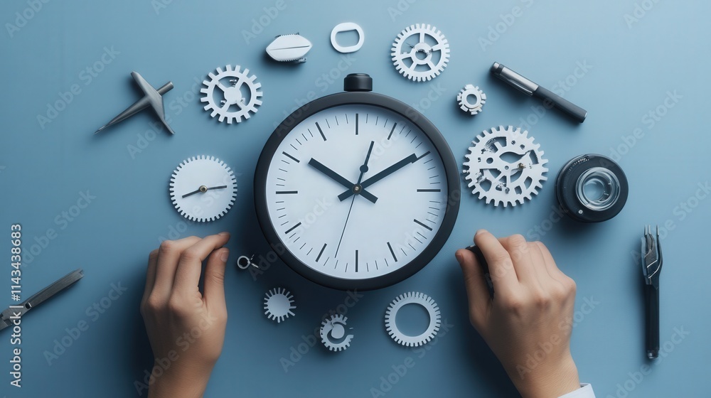 Poster Hands Arranging Clock Components on a Blue Surface, Symbolizing Time Management and Precision Engineering in a Creative Workspace