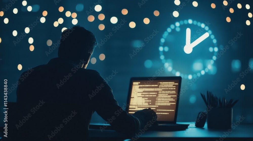 Leinwandbilder Professional Programmer Working Late at Night with a Glow from Laptop Screen Surrounded by Blurry Lights and a Clock Indicating Time Passing in an Urban Environment