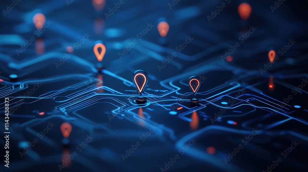 Poster abstract technology background featuring neon map pins on a circuit board design, representing navig