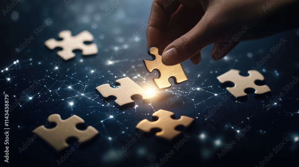 Poster Hand Placing Golden Puzzle Piece in Dark Background with Glowing Connections and Patterns, Symbolizing Problem Solving, Strategy, and Innovation in a Digital World