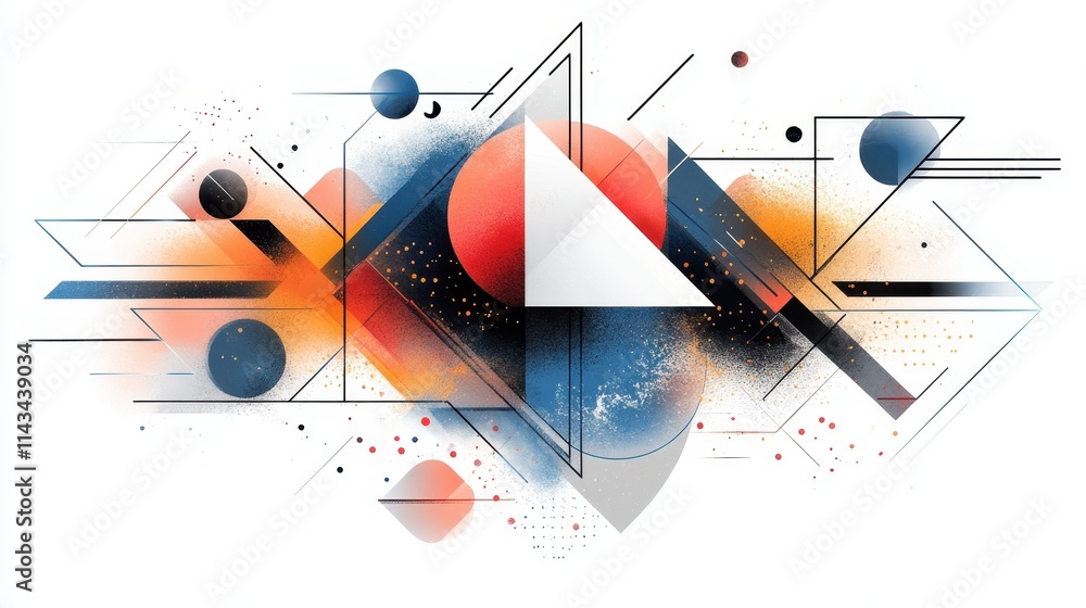 Poster a unique front view illustration showcasing abstract shapes and geometric elements on a white backgr