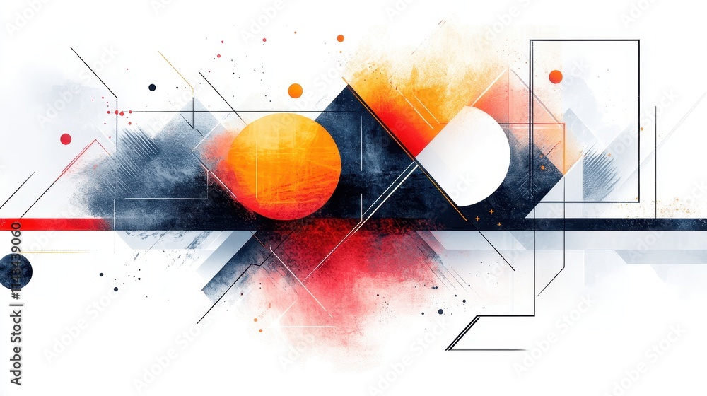 Poster a unique front view illustration showcasing abstract shapes and geometric elements on a white backgr