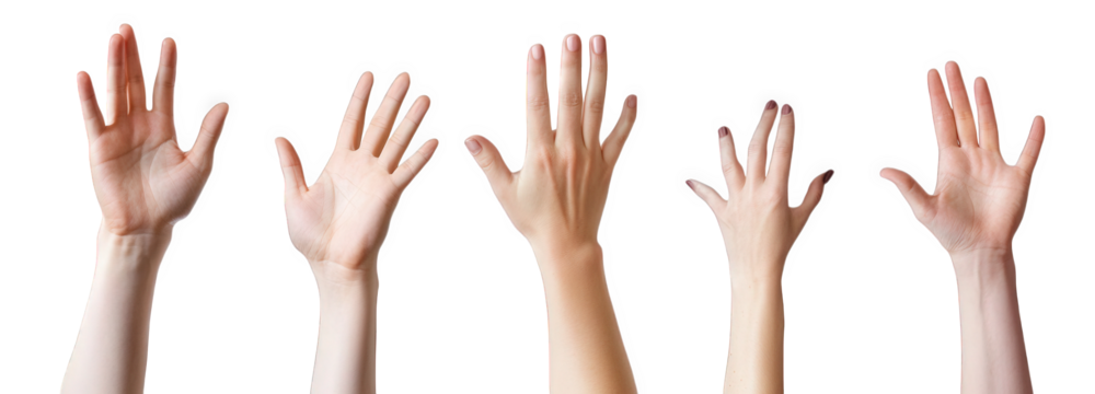 five hands raised in the air. palms facing forward on a transparent background