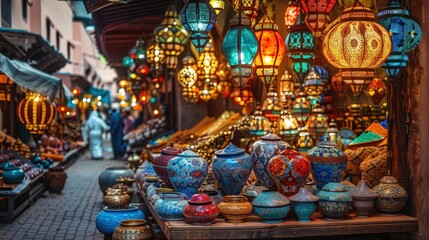 Obraz premium Discover the Magic of Marrakech's Souks with Colorful Lamps and Artisan Pottery Awaits You
