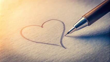 A delicate pen strokes a heart shape on a piece of paper with soft focus background , gesture, tender,  gesture, tender