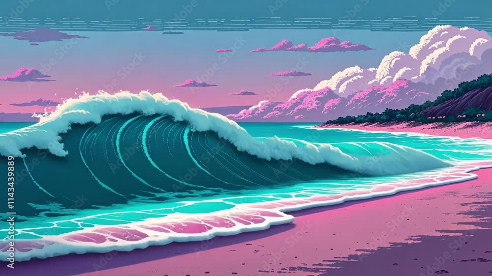 Aufkleber cybernetic waves an ocean scene where pixelated waves crash against a shore of glowing cyan sand. th