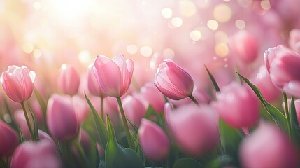 Obraz premium Soft pink tulips in field, sunlit bokeh.