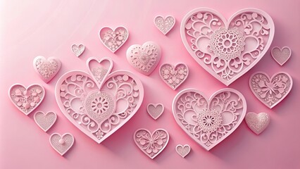Delicate pink paper Valentine's Day heart shapes with intricate cutouts and a soft, romantic texture, pink, DIY