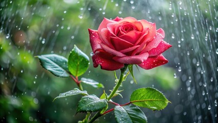 Obraz premium Rose blooming in a rainy day, foliage, droplets, foliage, droplets, blossom, garden