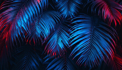 Tropical dark trend jungle in neon illuminated lighting. Exotic palms and plants in retro style.