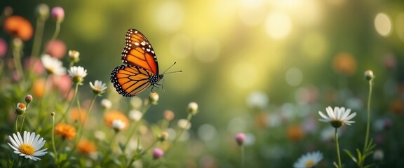 Obraz premium Bright orange butterfly hovering over daisies and orange flowers in nature.Copy space, spring celebration, garden theme, event promotion, seasonal greetings, natural background.Growth. Renewal. Life's