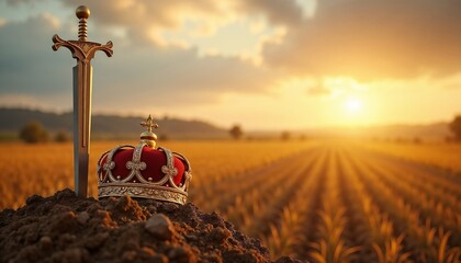 Strength. Heritage. Victory.Medieval theme, royalty, symbolism, victory concept, historical events, heritage celebration, fantasy storytelling.Sword plunged into the ground with a crown beside it, on 