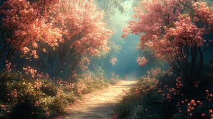 Path through sunlit, pink-flowering forest.