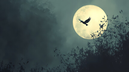 Radiant soaring silhouettes of a lone bird silhouetted against a full moon in a darkening sky, capturing the mystique and calm of a quiet nightfall. Mystique. Illustration