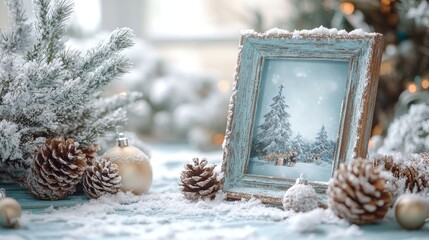 A charming wooden photo frame adorned with a snowy finish, perfect for highlighting treasured memories in winter-themed displays.