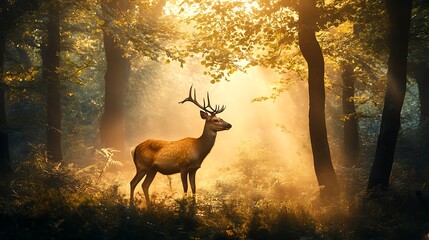 Majestic Deer in Golden Forest Sunlight. Concept of peace, tranquility, and nature.