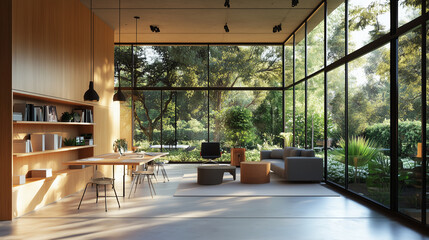 A room with large windows or even a glass wall looking out into a garden, merging nature with work