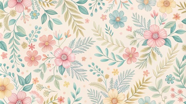 Delicate, hand-drawn floral patterns with pastel colors on a soft background , print, wallpaper,  print, wallpaper, pattern