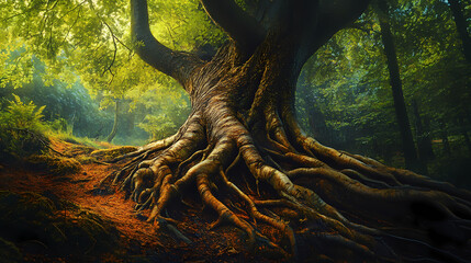 Twisted beech tree trunk rises from earth in gnarled form, mysterious growth, tree symbolism, forest mystique. Mystique. Illustration