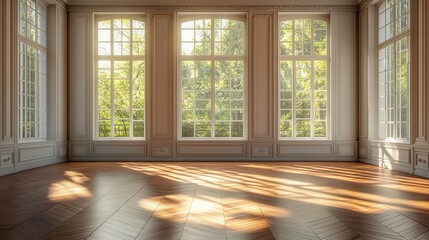 A classic interior showcasing an empty frame, parquet flooring, and detailed molding highlighted by streaming sunlight.