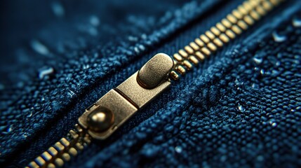 Golden Zipper on Blue Denim: A Detailed Macro Shot