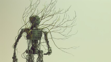 A robotic humanoid figure intricately combined with tree branches, symbolizing a blend of technology and nature in a serene pale green background. AI generated.