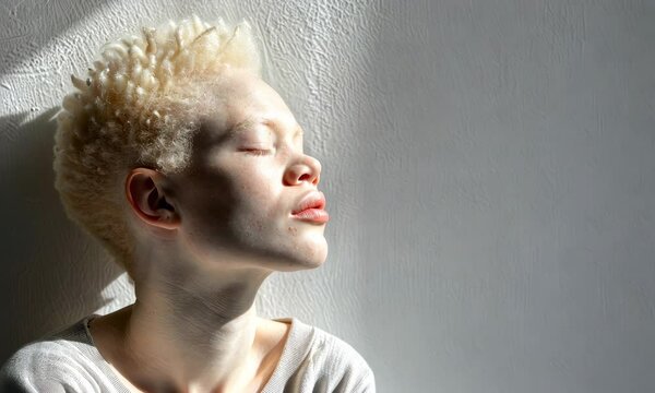 Person with albinism enjoying sunlight on face