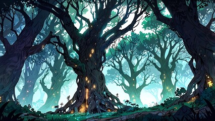 Enchanted forest scene with mystical trees and glowing elements.